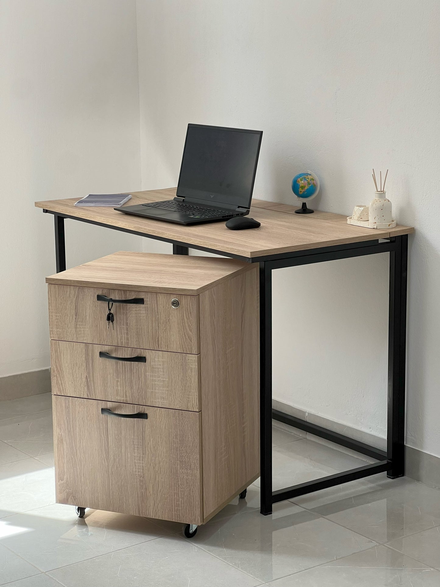 Pack  Bureau métallique pliable + Caisson de Bureau 3 Tiroirs à Roulettes