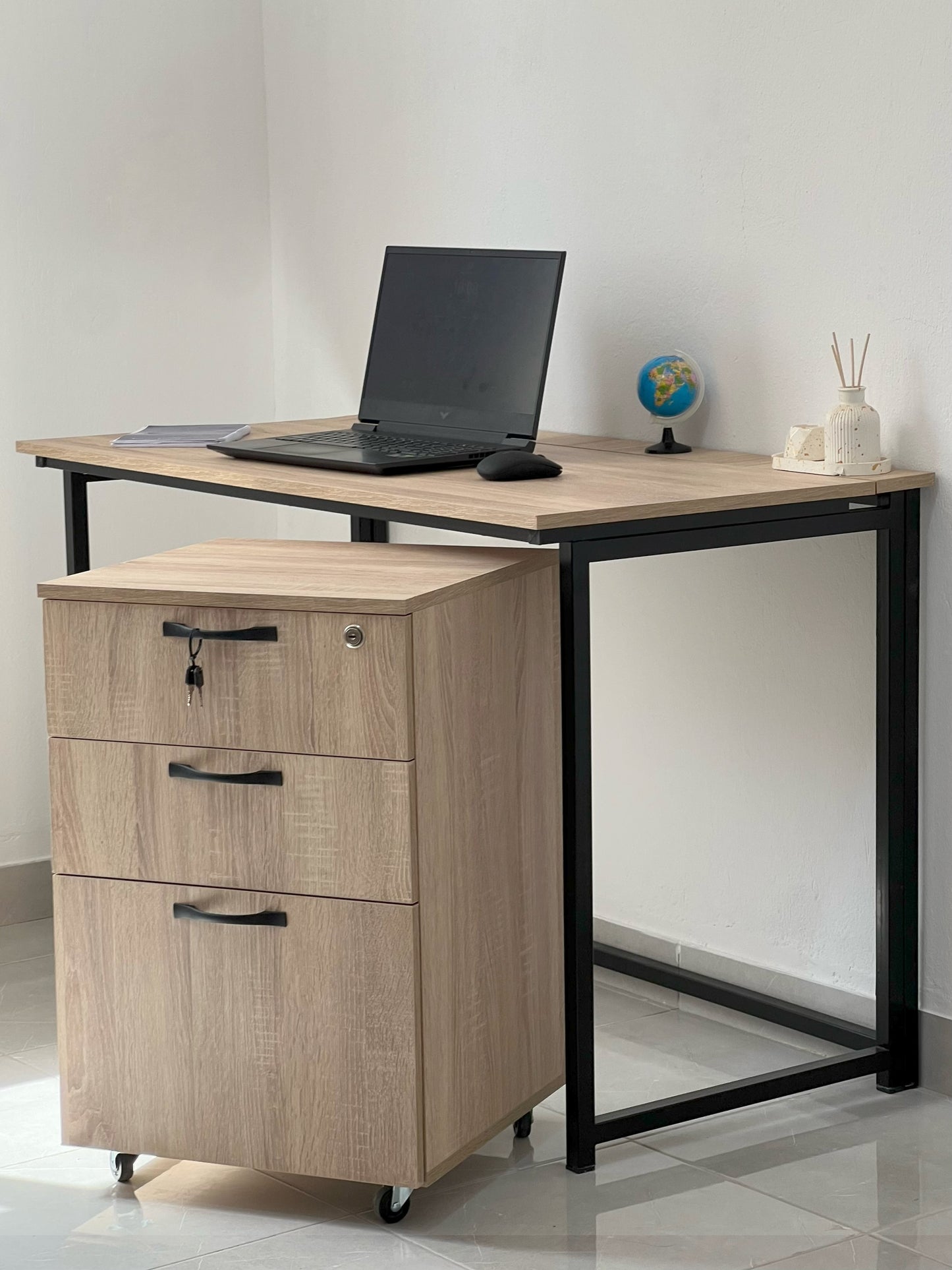 Pack  Bureau métallique pliable + Caisson de Bureau 3 Tiroirs à Roulettes