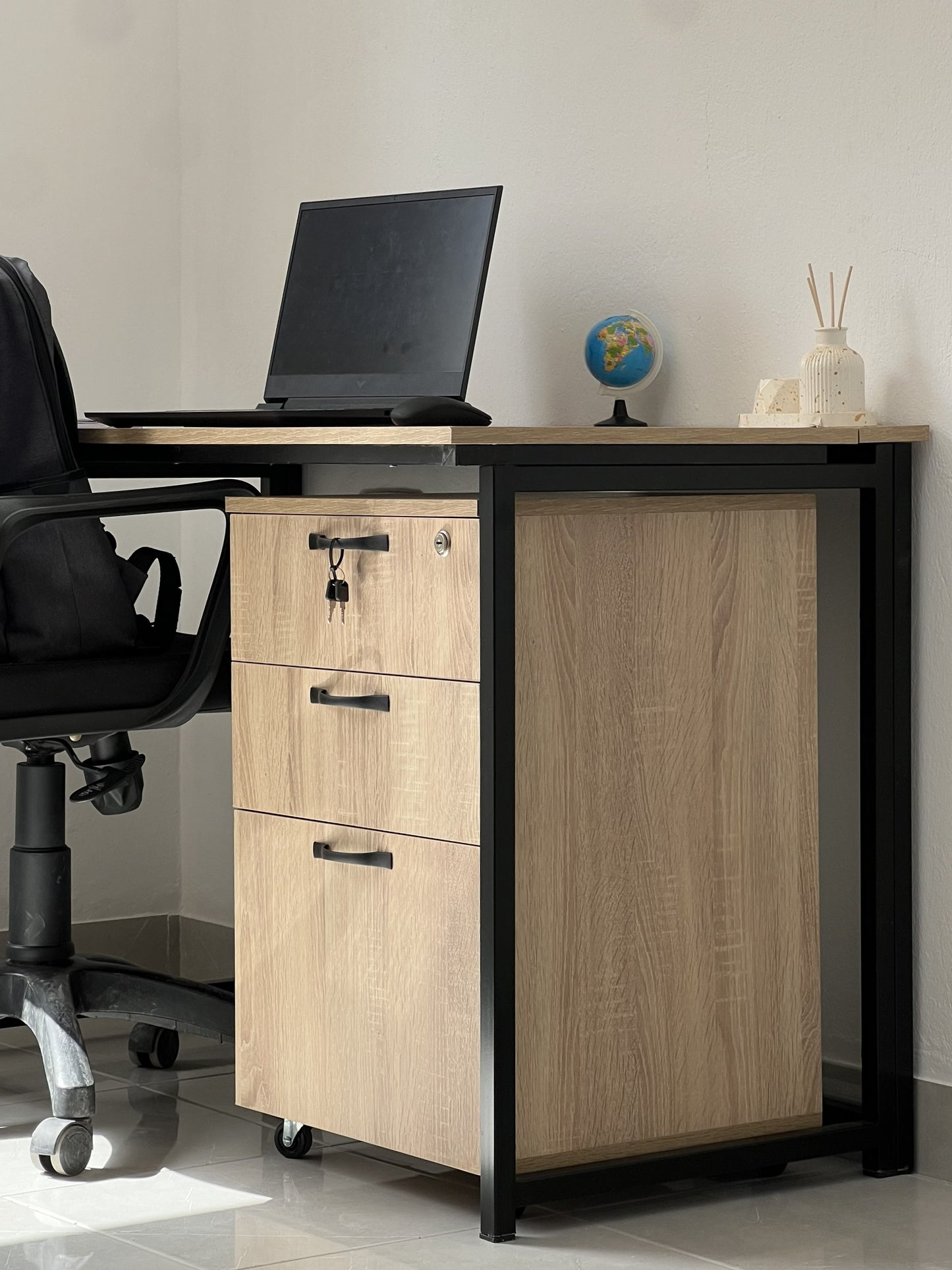 Pack  Bureau métallique pliable + Caisson de Bureau 3 Tiroirs à Roulettes