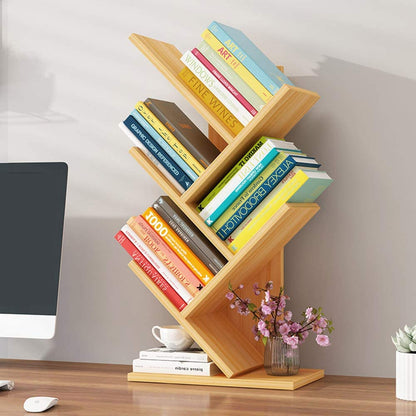 Bibliothèque arbre beige – en situation bureau avec moniteur, livres et fleurs roses