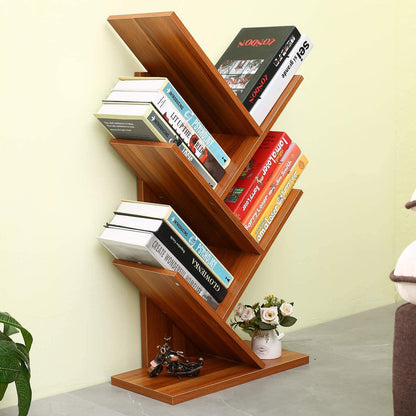 Bibliothèque arbre marron – vue de face avec livres et objets déco