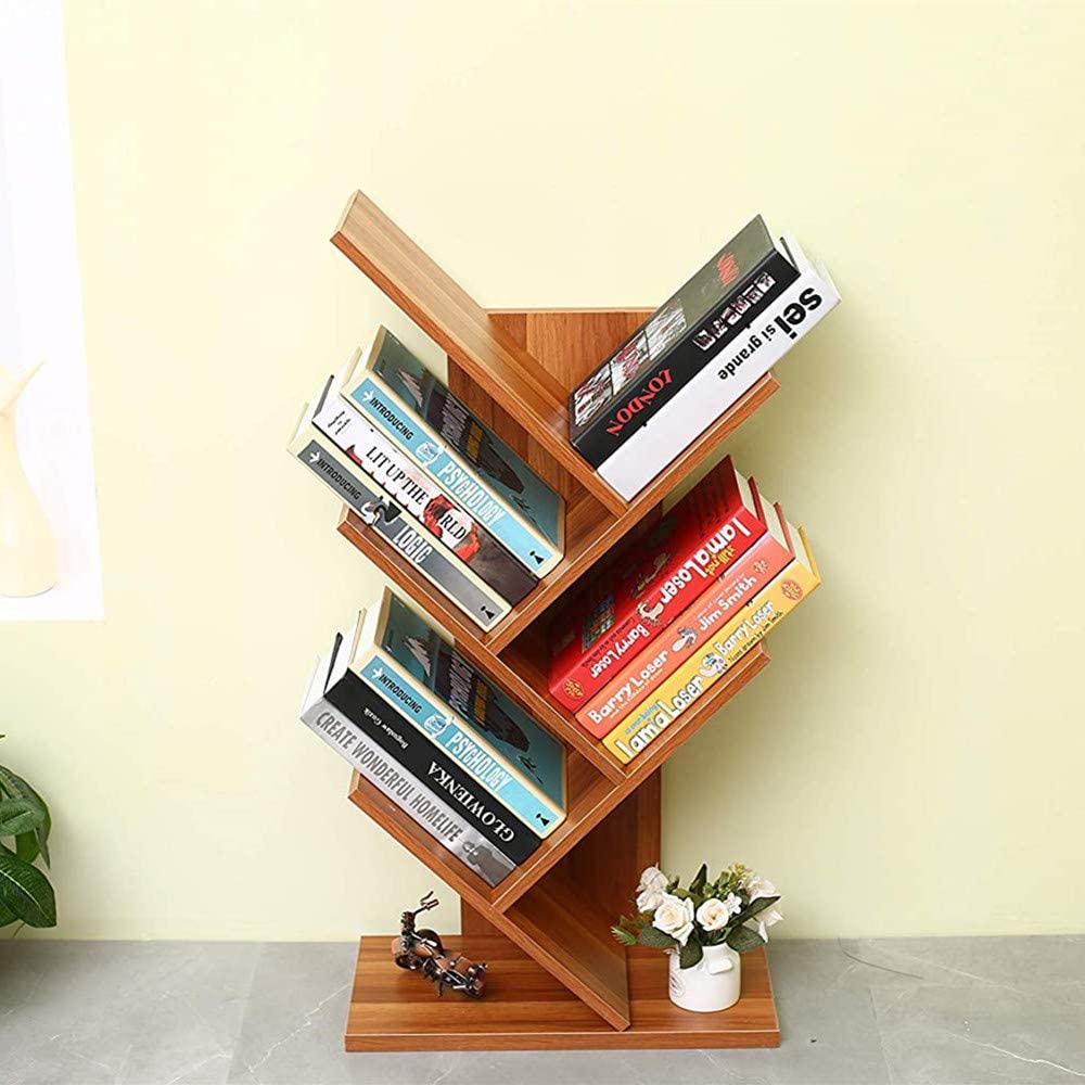 Bibliothèque arbre marron – en situation salon avec livres et vase fleurs