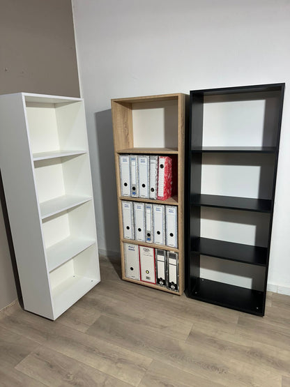 Bibliothèque bureautique beige – vue de face avec classeurs et livres colorés