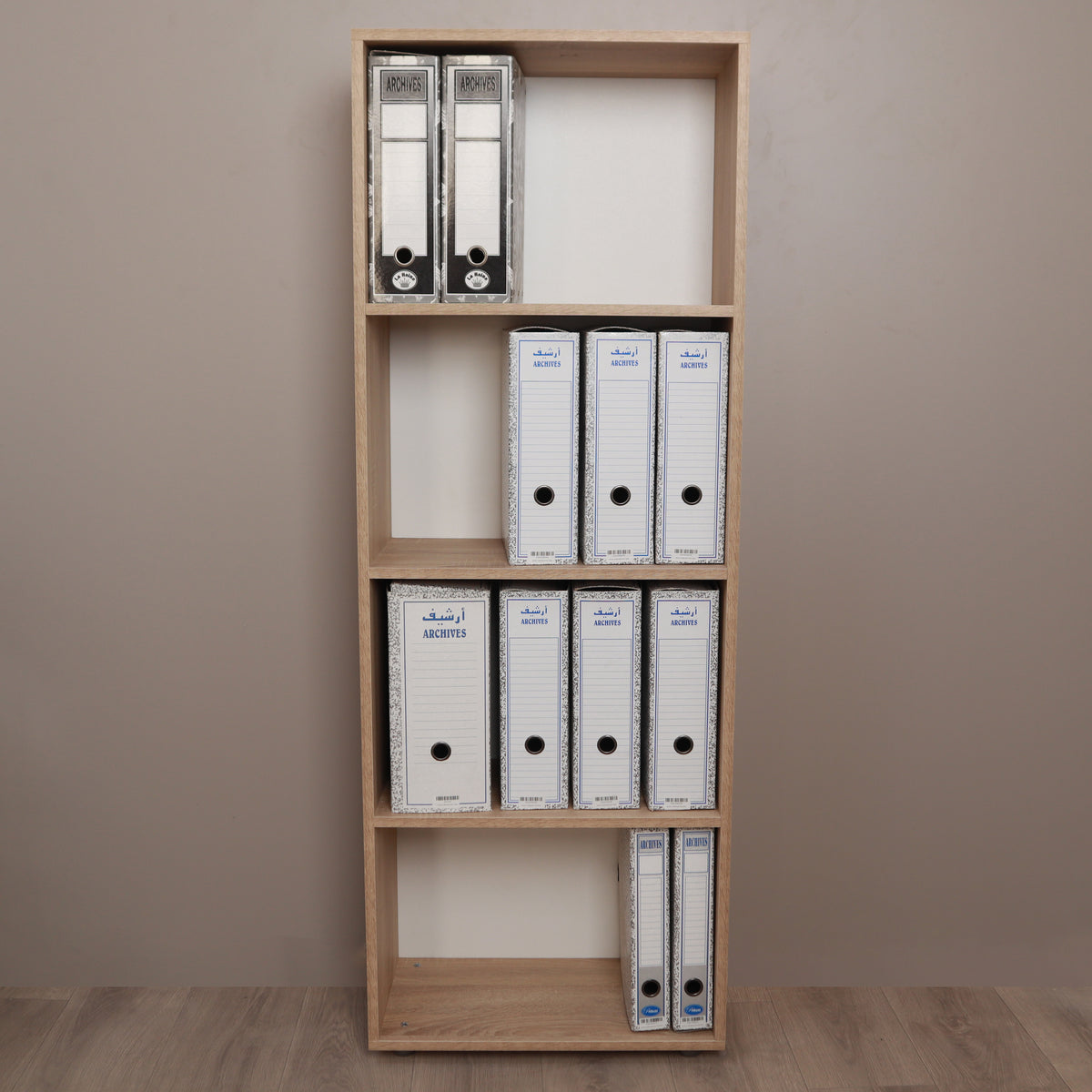 Bibliothèque bureautique blanc – vue de côté avec classeurs et livres