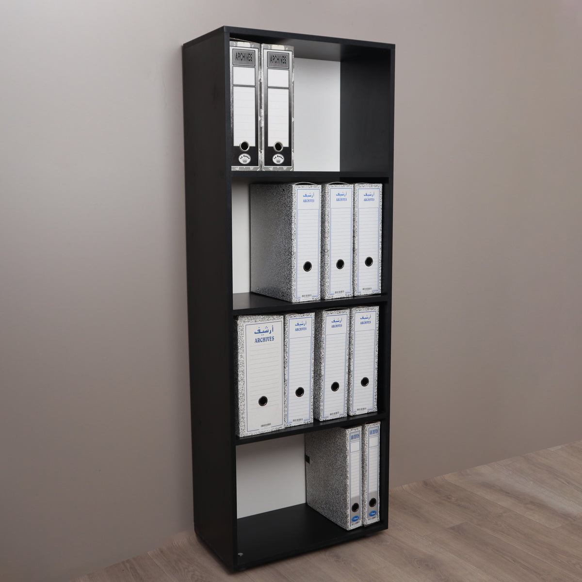 Bibliothèque bureautique blanc 155 cm – vue de face avec classeurs et livres, Decotek
