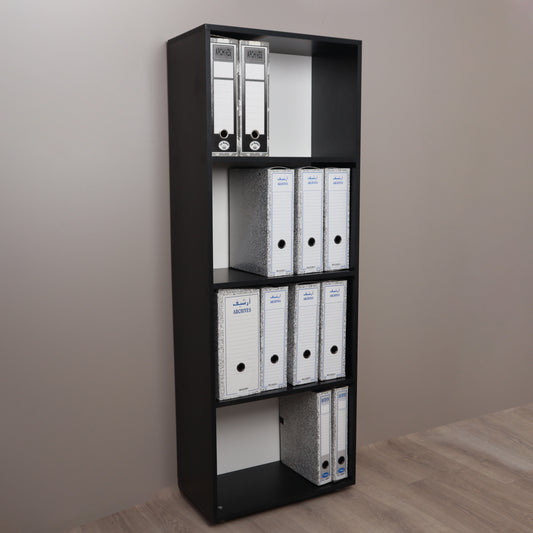 Bibliothèque bureautique blanc 155 cm – vue de face avec classeurs et livres, Decotek