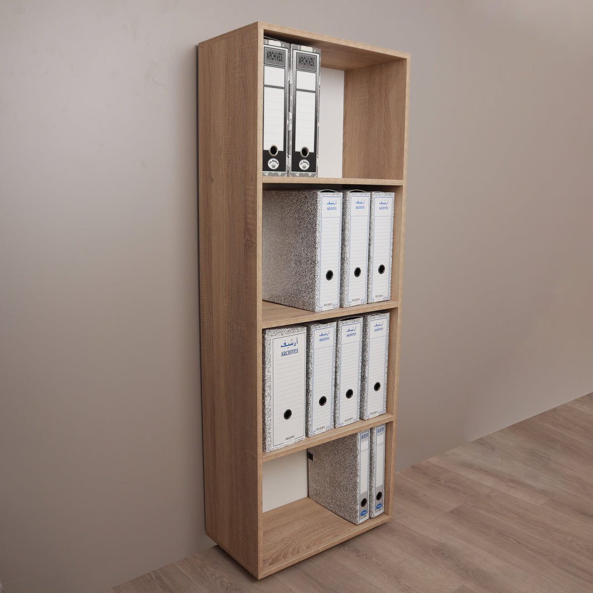 Bibliothèque bureautique blanc – vue frontale vide, 4 étagères ouvertes