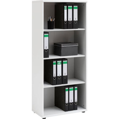 Bibliothèque bureautique blanc – vue produit avec classeurs noirs et accessoires bureau