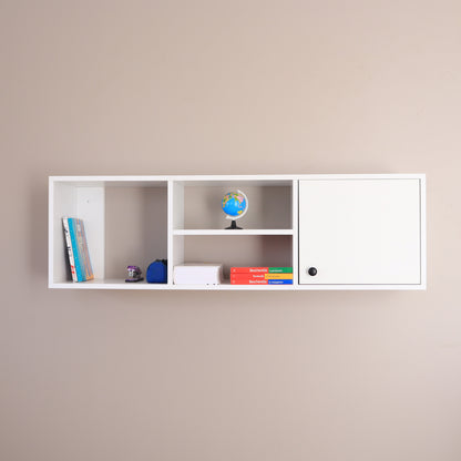 Bibliothèque murale suspendue beige – vue de face avec livres et classeurs colorés