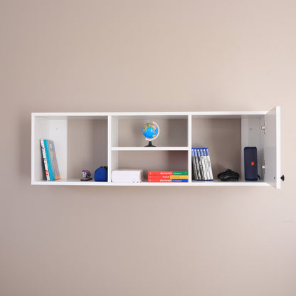 Bibliothèque murale suspendue blanc – vue de côté avec livres, trousse et globe, porte fermée