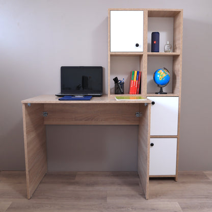 Bureau avec bibliothèque intégrée Sonoma et blanc – vue de face avec laptop, globe, enceinte JBL et classeurs colorés