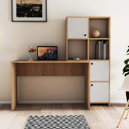 Bureau avec bibliothèque intégrée Sonoma et blanc – vue de face en situation salon avec laptop et lampe