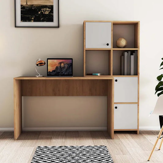 Bureau avec bibliothèque intégrée Sonoma et blanc – vue de face en situation salon avec laptop et lampe