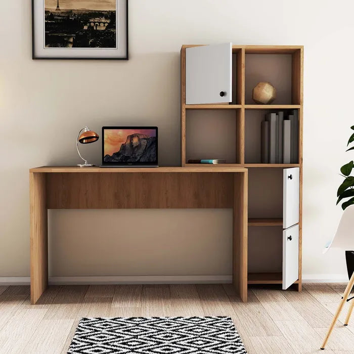 Bureau avec bibliothèque intégrée Sonoma et blanc – vue de face avec porte supérieure ouverte, laptop et lampe
