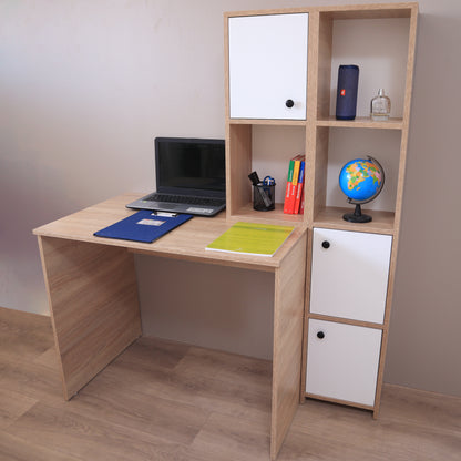 Bureau avec bibliothèque intégrée Sonoma et blanc – en situation réelle avec laptop, globe, enceinte JBL et classeurs