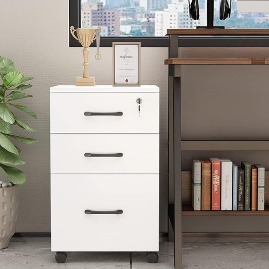 Caisson bureau blanc 3 tiroirs à roulettes – vue produit de face, Decotek