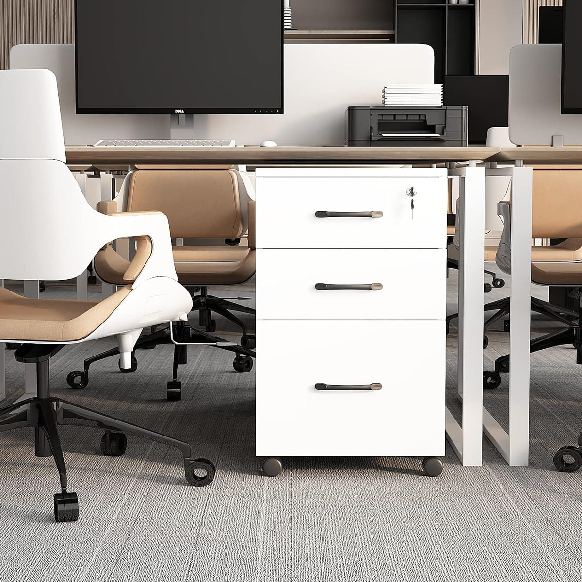 Caisson bureau blanc 3 tiroirs – vue de dessus avec tiroirs ouverts et classeurs