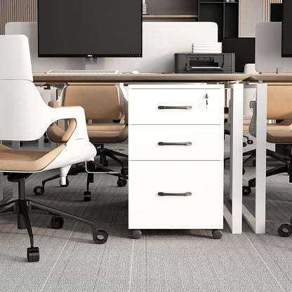 Caisson bureau blanc 3 tiroirs – vue de dessus avec tiroirs ouverts et classeurs