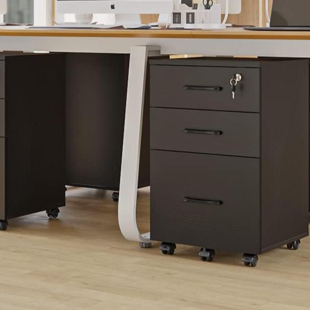 Caisson bureau noir 3 tiroirs – vue de côté avec imprimante Canon et classeurs