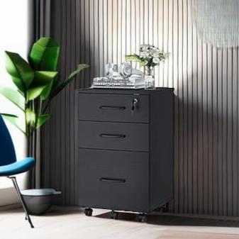 Caisson bureau noir 3 tiroirs à roulettes – vue de face avec imprimante Canon dessus