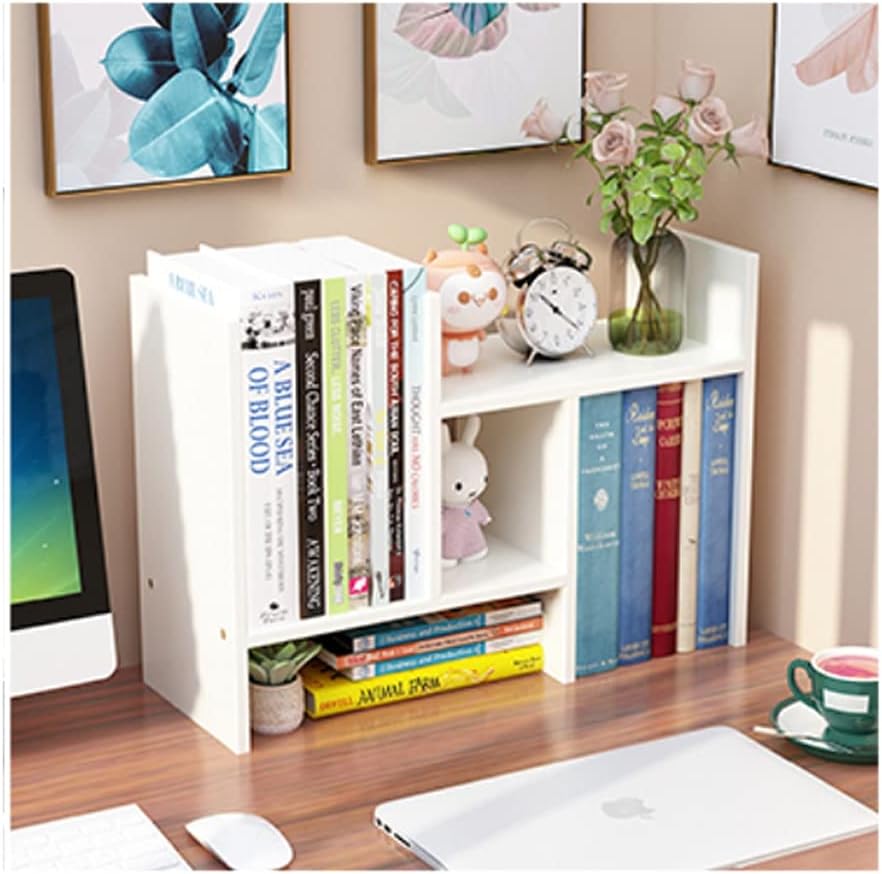 Étagère bureau extensible blanc – vue de côté avec livres, figurines lapin, horloge et laptop
