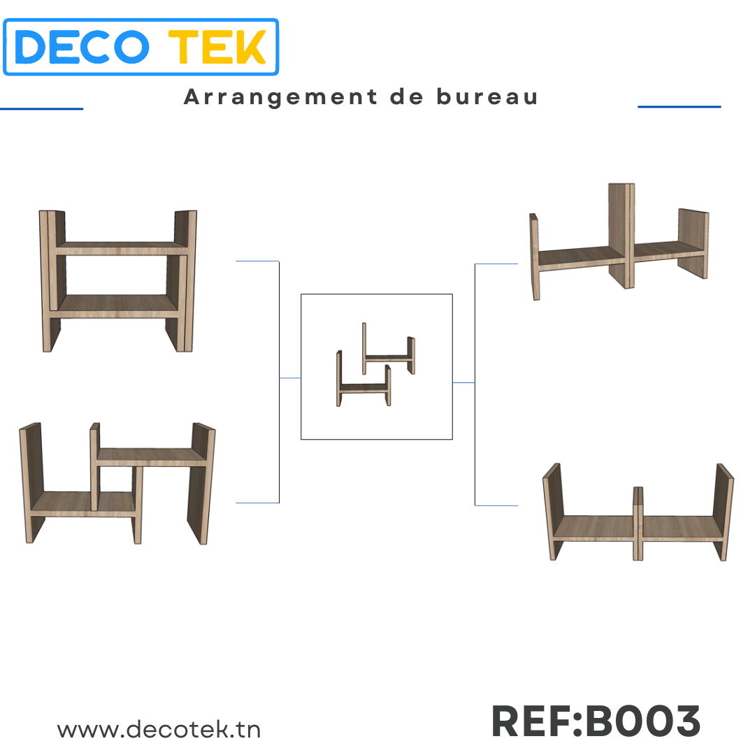 Étagère bureau extensible Decotek B003 – 4 configurations d'agencement possibles, arrangement de bureau