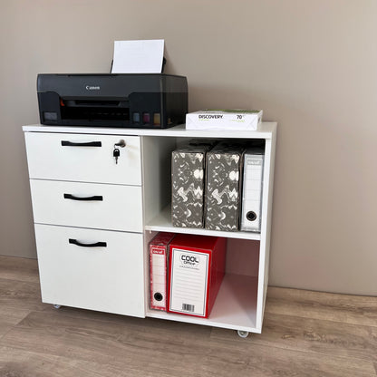 Meuble rangement bureau blanc – vue de face avec imprimante Canon et classeurs