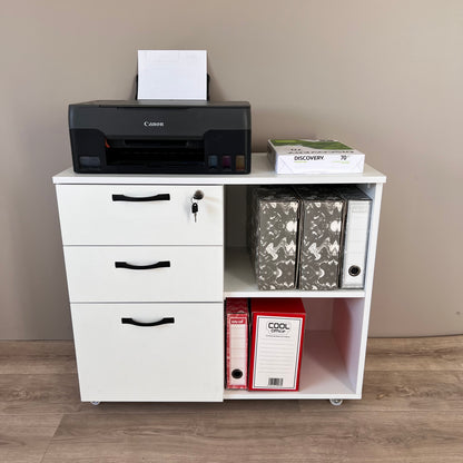 Meuble rangement bureau blanc – vue frontale avec imprimante et classeurs, roulettes visibles