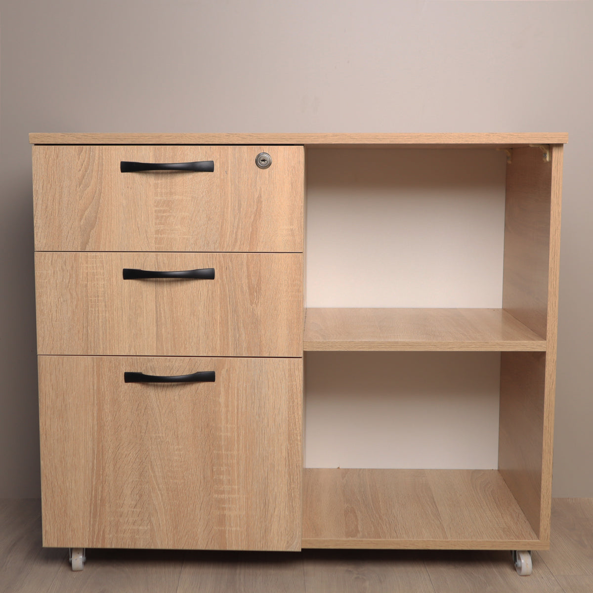 Meuble rangement bureau blanc à roulettes – vue de face avec imprimante Canon, Decotek