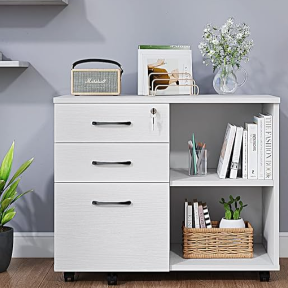 Meuble rangement bureau blanc – vue produit de face, compartiments et tiroirs visibles