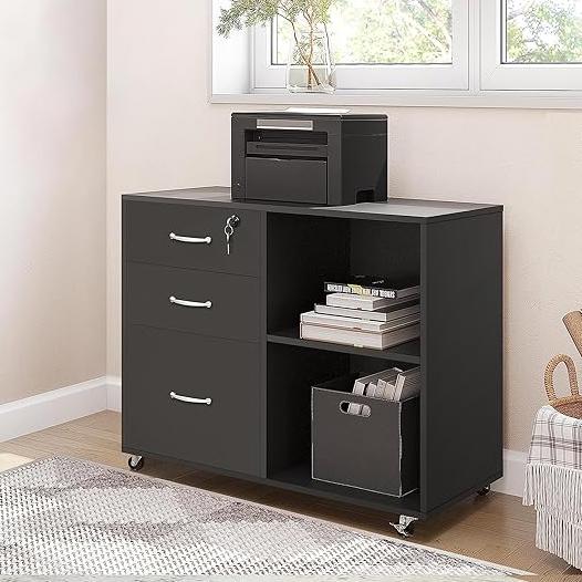 Meuble rangement bureau noir à roulettes – vue de face avec imprimante et classeurs