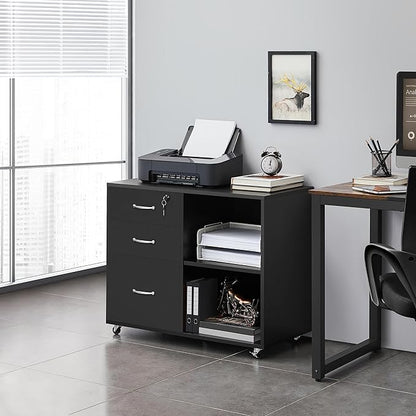 Meuble rangement bureau noir à roulettes – en situation bureau avec imprimante et classeurs