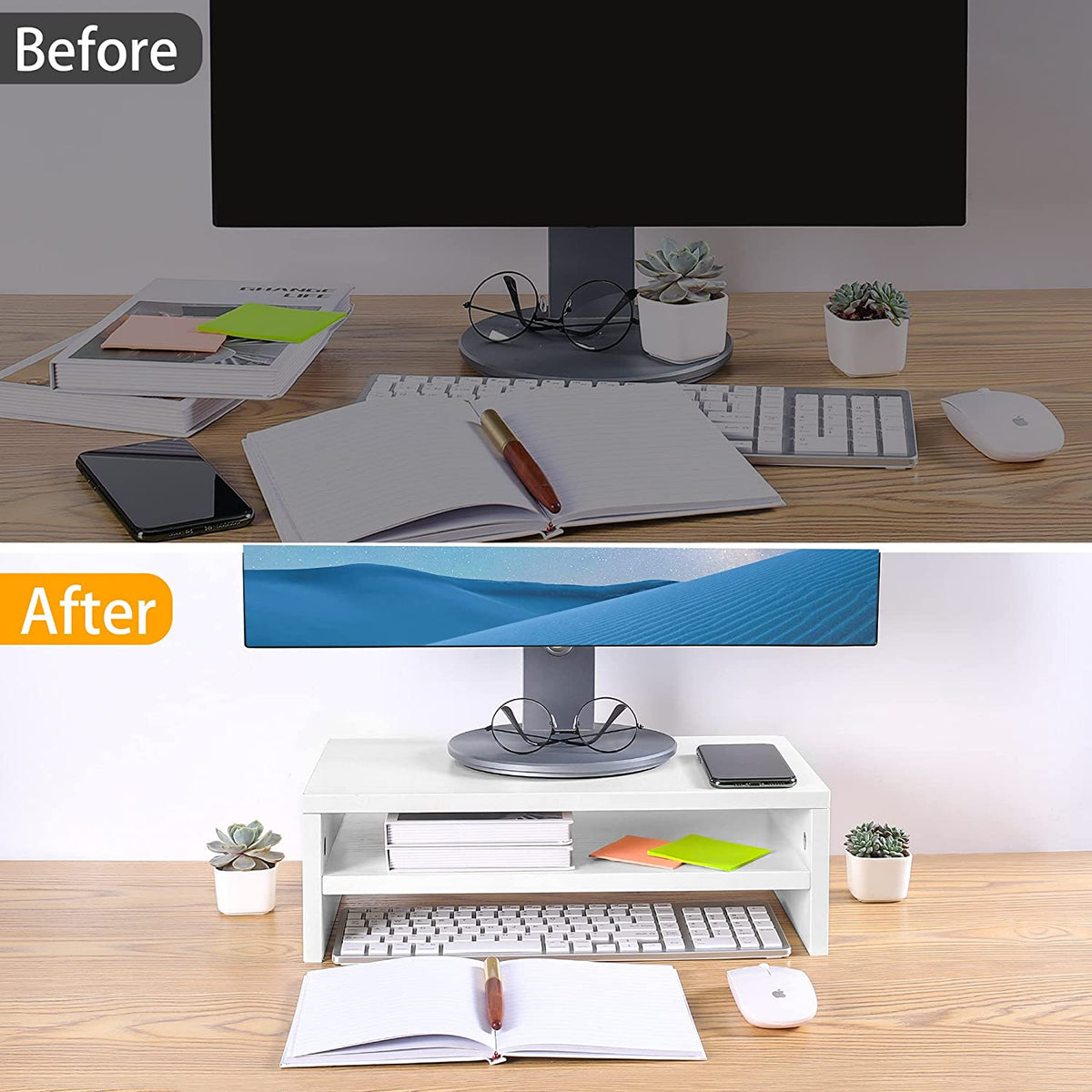 Rehausseur écran blanc avant/après – bureau désorganisé vs bureau ergonomique organisé