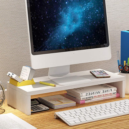 Rehausseur écran blanc en situation bureau – moniteur, clavier et lunettes sur bureau minimaliste