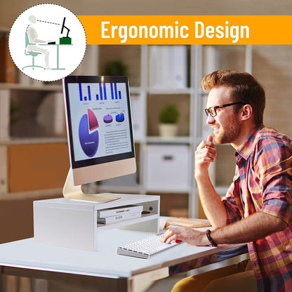 Rehausseur écran blanc design ergonomique – homme au bureau avec moniteur surélevé