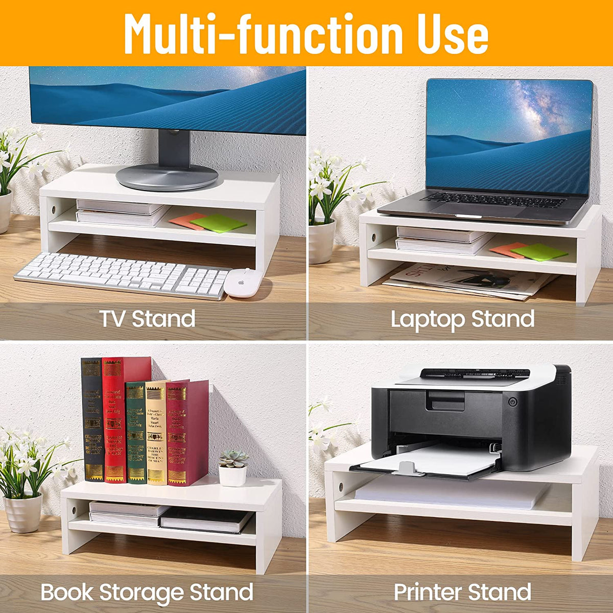 Rehausseur écran blanc multifonction – support TV, laptop, livres et imprimante