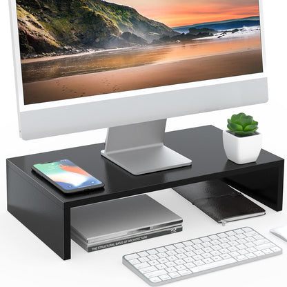 Rehausseur écran noir en situation bureau – moniteur iMac, casque audio et plante verte