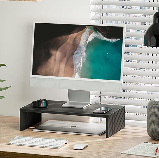 Rehausseur écran noir en situation bureau – moniteur iMac, laptop, Apple Watch et HomePod