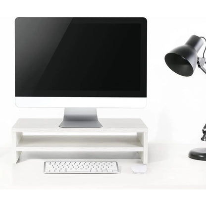 Rehausseur écran noir en situation bureau – moniteur iMac, plante et clavier