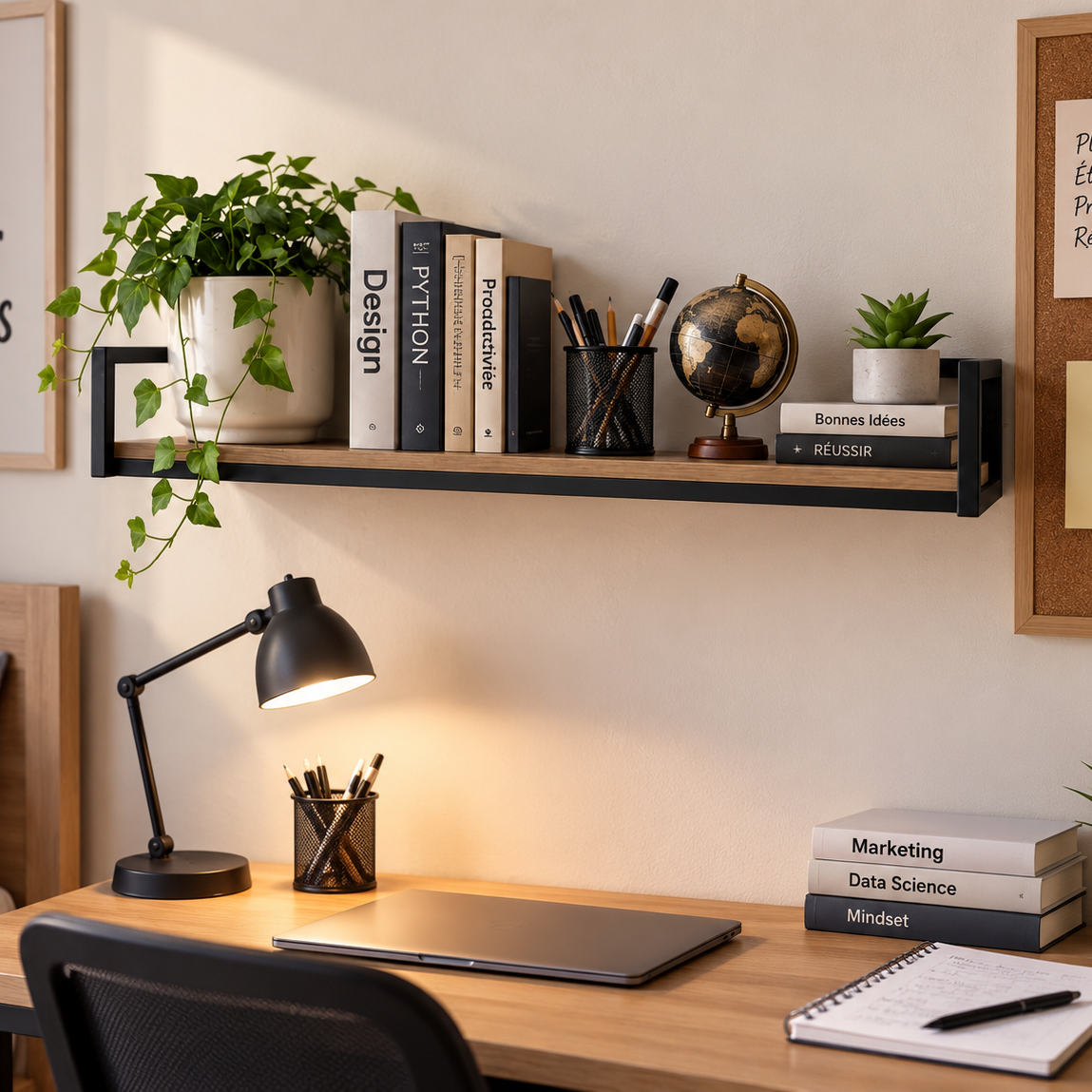 Étagère murale métal noir et bois – en situation bureau avec plante, livres, porte-crayons, globe et succulentes, lampe de bureau allumée