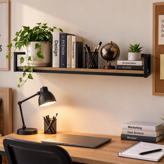 Étagère murale métal noir et bois – en situation bureau avec plante, livres, porte-crayons, globe et succulentes, lampe de bureau allumée