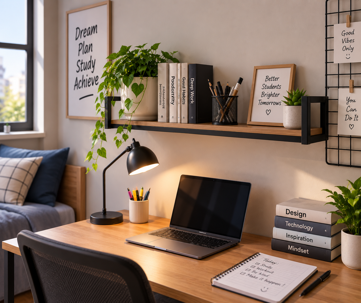Étagère murale métal noir et bois – en situation bureau étudiant avec plante, livres de productivité, porte-crayons et cadre motivant, MacBook ouvert